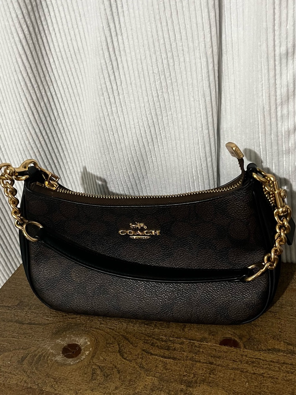 Coach Black/Brown Signature Hobo Shoulder Bag with Gold Chain